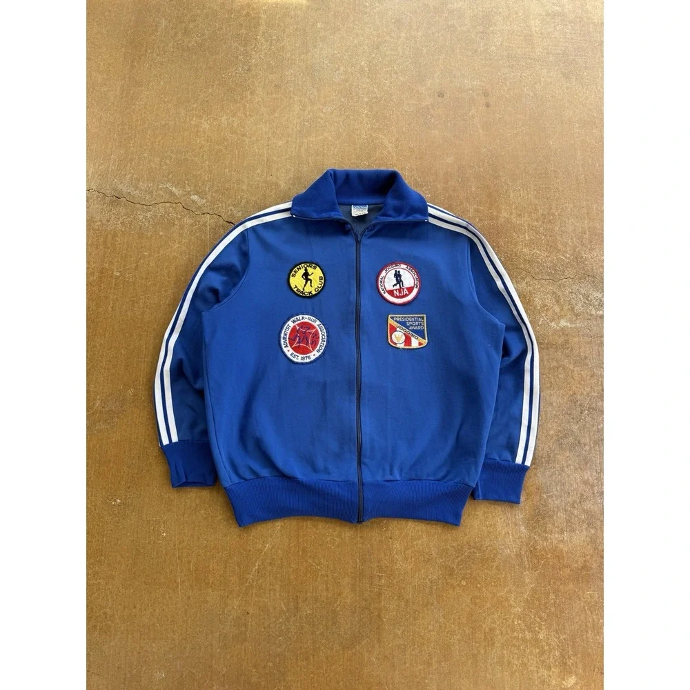 VTG 70s Adidas Trefoil Zip Up Nylon Track Jacket Running Club Patches Germany (L